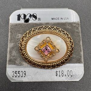 Vintage ~1928 brand~ Faux Pearl Rhinestone Filigree Brooch Pin Gold Tone Jewelry